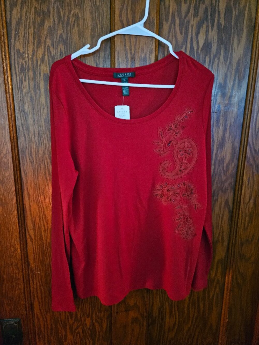 Lauren Ralph Lauren Paisley Floral Top Size XL Heritage Red Long Sleeve Blouse